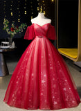 Solvbao Red Off Shoulder Tulle Long Formal Dress, Red Sweetheart Ball Gown Sweet 16 Dress