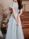 Solvbao Light Blue Short Sleeves Beaded Tulle Long Formal Dress, Blue A-line Prom Dresses