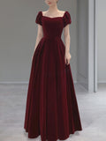 Solvbao Burgundy Velvet Cap Sleeves Long Formal Dresses, A-line Velvet Evening Dress Prom Dresss