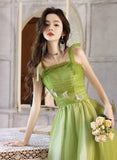 Solvbao Light Green A-line Straps Tulle Long Party Dress, Light Green Tulle Prom Dress