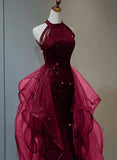 solvbao Wine Red Sequins with Tulle Long Party Dress, Wine Red Halter Evening Dress