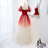 Solvbao Beautiful Gradient Red Tulle Beaded Puffy Sleeves Formal Dress, A-line Tulle Prom Dresses