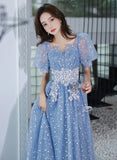 Solvbao Light Blue Tulle A-line Floor Length Formal Dress, Light Blue Evening Dress Party Dress