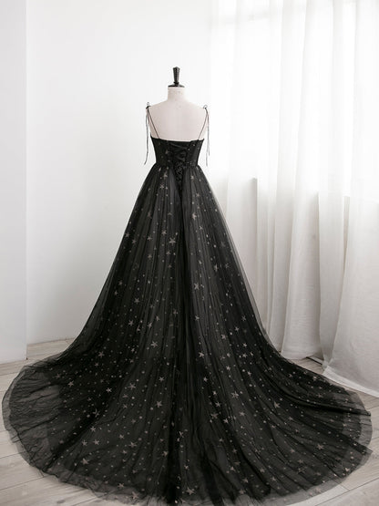 Solvbao Black Sweetheart Tulle Straps Long Evening Dress, Black Formal Dress Party Dresses