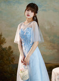 Solvbao Light Blue Round Neckline Sweetheart Long Party Dress, A-line Blue Bridesmaid Dresses