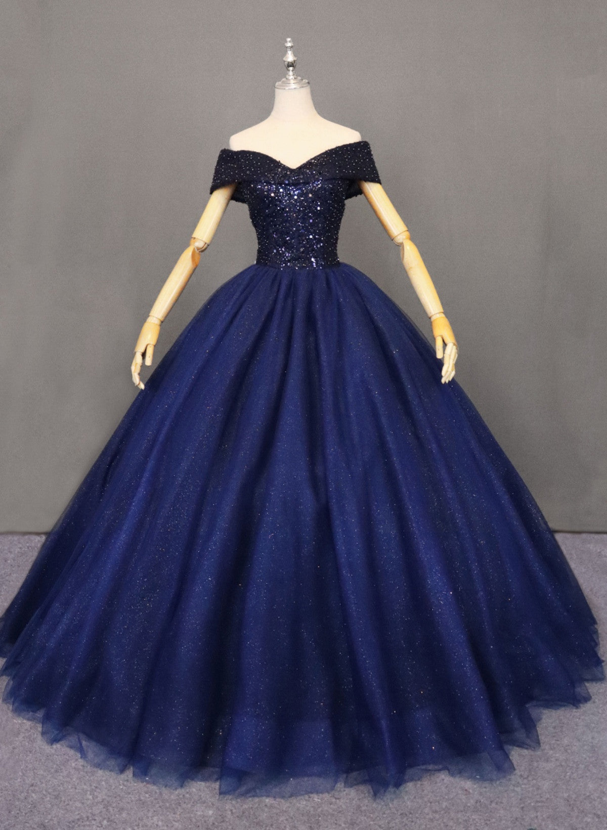 Solvbao Glam Navy Blue Off Shoulder Beaded Tulle Formal Gown, Navy Blue Sweet 16 Dress