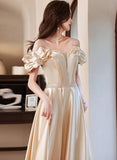 solvbao Light Champagne Satin Sweetheart Beaded Party Dress, A-line Satin Prom Dress