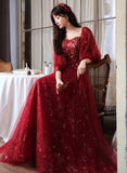 solvbao Wine Red Puffy Sleeves Sweetheart Party Dress,Wine Red Long Prom Dress