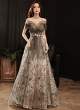 solvbao Grey A-line Floral Tulle Off Shoulder Long Party Dress, Grey Floor Length Prom Dress