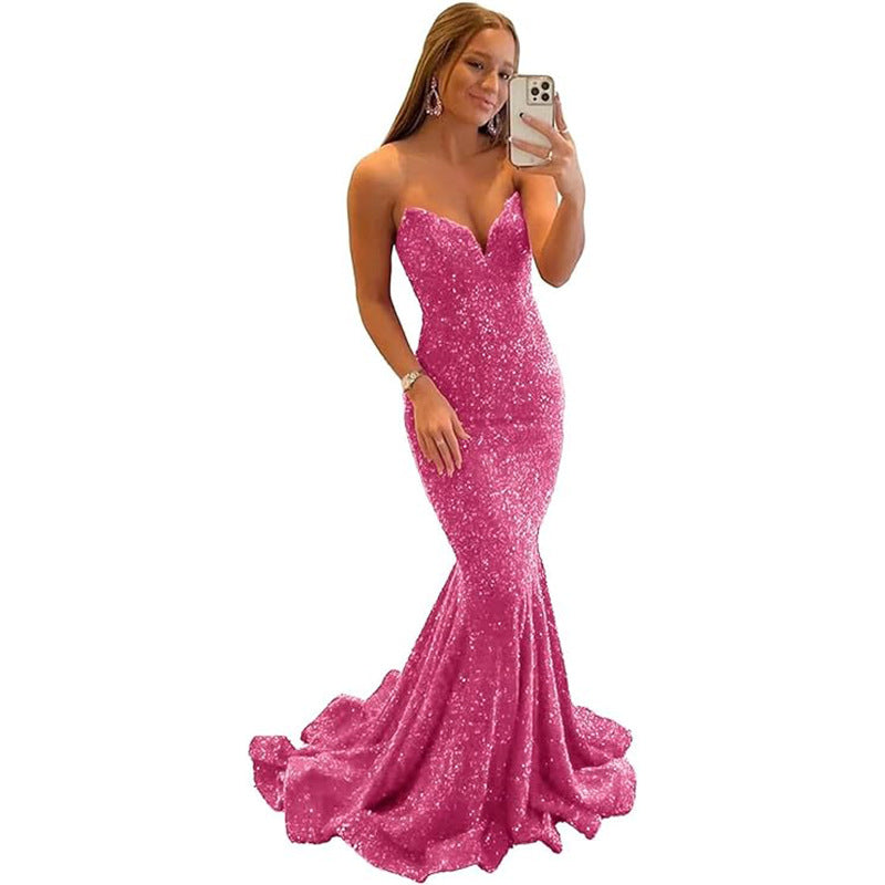 Women's Sequined Evening Dress Formal Sexy Long Prom Party Gown Fishtail Shiny V-neck Dress