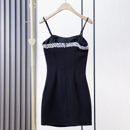 SOLVBAO [In Stock]  Summer Sun Yi Same Style Pure Desire Sexy Black Camisole Dress High-Grade Diamond-Embedded Short Evening Dress