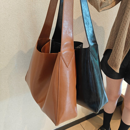 SOLVBAO 2025 Spring and summer new large-capacity tote bag leather oil wax cowhide shoulder bag casual fashion soft leather shopping armpit bag