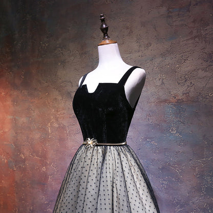 Solvbao Cute Black Tea Length Tulle with Velvet Straps Party Dress, A-line Tulle Homecoming Dress