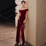 Solvbao Wine Red Velvet Leg Slit Long Prom Dress Party Dress, Mermaid Off Shoulder Gowns