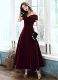 Solvbao Burgundy Velvet Off Shoulder Long Wedding Party Dress, Burgundy Prom Dress