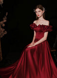 Solvbao A-line Satin Simple Off Shoulder Floor Length Party Dress, Wine Red Long Prom Dress