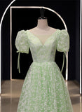 Solvbao Light Green Floral V-neckline Short Sleeves Party Dress, A-line Green Formal Dress