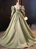 Solvbao Green Satin Off Shoulder Unique Long Party Dress, Green Satin Prom Dress