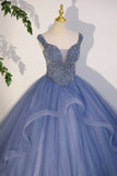 Solvbao Charming Beaded Tulle Ball Gown Sweet 16 Gown, Blue Long Formal Dresses