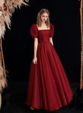 solvbao Wine Red Satin Long Prom Dress, A-line Off Shoulder Formal Dress