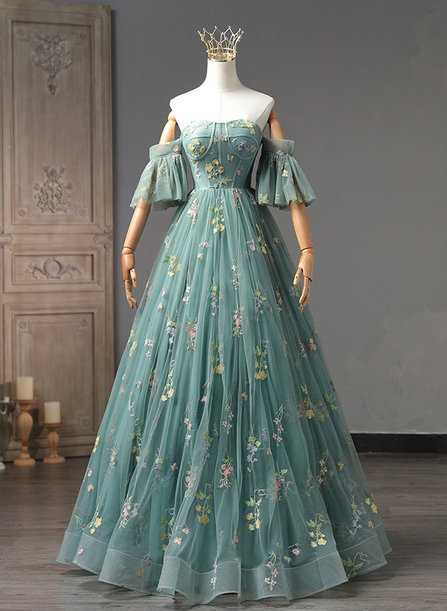 Solvbao Green Floral Tulle Off Shoulder Party Dress, Elegant Long Sweet 16 Dress