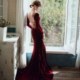 Solvbao Burgundy Velvet Long Sleeves Mermaid Party Dress, Long Prom Dress