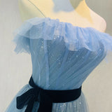 Solvbao Beautiful Blue Tulle Shiny Long Party Dress with Belt, A-line Blue Formal Dresses