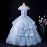 solvbao Light Blue Off Shoulder Lace Applique Ball Gown Formal Dress, Blue Sweet 16 Gown