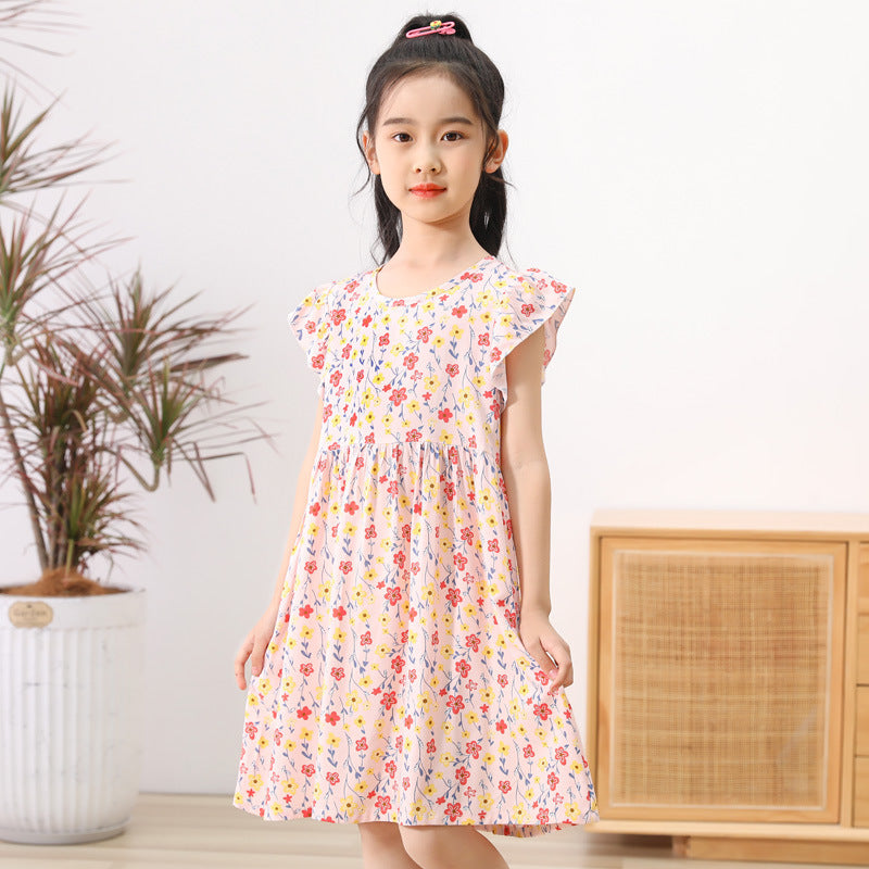 SOLVBAO 24 Summer Girls' Dress Children's Korean Princess Dress Cotton Silk Sleeveless Vest Skirt Little Girl Floral Skirt Wholesale