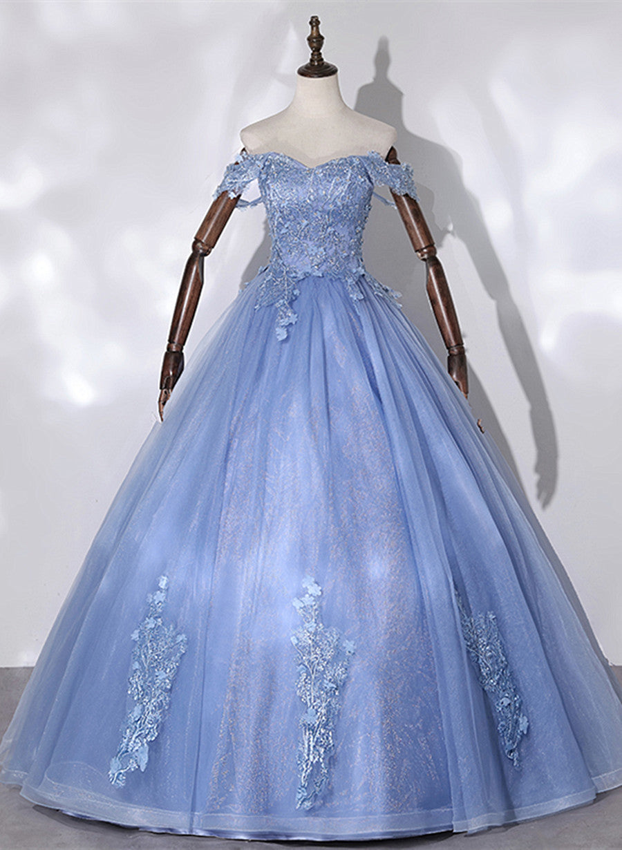 Solvbao Blue Off Shoulder Tulle Party Dress with Lace, Long Formal Dress Sweet 16 Dress