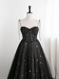 Solvbao Black Sweetheart Tulle Straps Long Evening Dress, Black Formal Dress Party Dresses