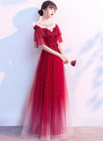 Solvbao Red Gradient Tulle A-line Long Party Dress, Round Neckline Prom Dress Formal Dress