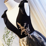 Solvbao Black V-neckline Velvet and Tulle New Style Prom Dress, Black Party Dress Evening Dresss