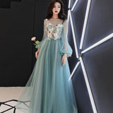 solvbao Light Green Tulle Long Party Dress with Flowers, Long Formal Dresses