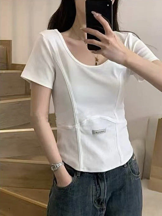 Baiyi Factory Direct Sales Solid Color Fishbone U Collar Vest Slimming Casual Short Sleeve T-shirt Top Women's  Summer Wear