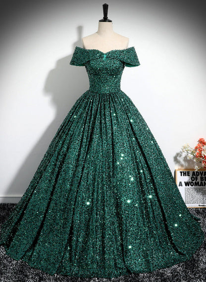 Solvbao Dark Green Sequins Off Shoulder Ball Gown Party Dress, Dark Green Formal Dress