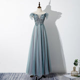 Solvbao Green Tulle Lace Applique Off Shoulder Party Dress, A-line Long Formal Dress