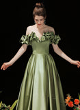 Solvbao Green Satin Off Shoulder Long Evening Dress, Green Prom Dress Party Dress