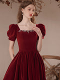 Solvbao Wine Red Short Sleeves Velvet Long Party Dress, A-line Wine Red Formal Dress