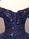 Solvbao Glam Navy Blue Off Shoulder Beaded Tulle Formal Gown, Navy Blue Sweet 16 Dress