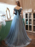 Solvbao Blue Off Shoulder Tulle Long Evening Dress, A-line Tulle Party Dresses