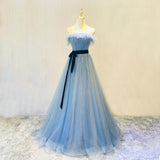 Solvbao Beautiful Blue Tulle Shiny Long Party Dress with Belt, A-line Blue Formal Dresses