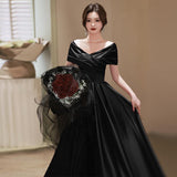 SOLVBAO Black Slimming Evening Dress Women's  Summer plus Size off-Shoulder Long Banquet Temperament Long Annual Meeting Dress