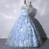 Solvbao Blue Flowers Sweetheart Ball Gown Formal Dress, Blue Long Sweet 16 Dresses