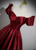 Solvbao Wine Red Satin Short Sleeves Long Party Dress, Simple Wine Red Satin Prom Dress