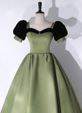 solvbao Green Satin Short Sleeves Long Evening Dress, Green Satin Prom Dress