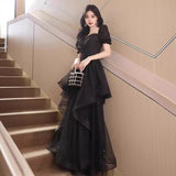 SOLVBAO Black Evening Dress Short Sleeve Banquet Temperament  New Elegant Host Student Adult Ceremony Dress Female Summer