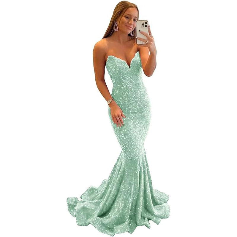 Women's Sequined Evening Dress Formal Sexy Long Prom Party Gown Fishtail Shiny V-neck Dress