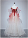 Solvbao Red Gradient Beaded Tulle A-line Long Formal Dress, Red Junior Prom Dress