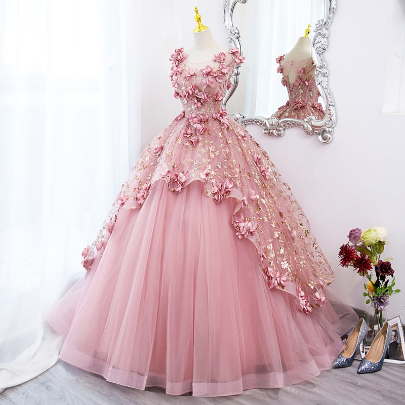 Solvbao Lovely Pink Tulle Long Party Dress with Flowers, Pink Tulle Sweet 16 Gown